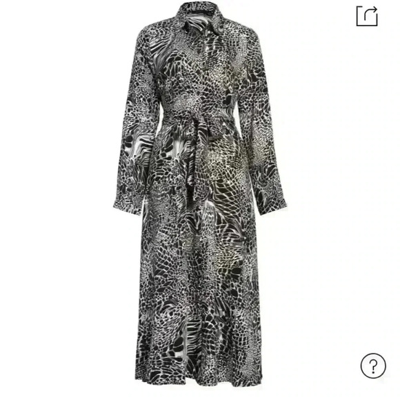 Halogen Long Sleeve Midi Button Down Shirtdress In Black Grey Iggy Print - Picture 1 of 11